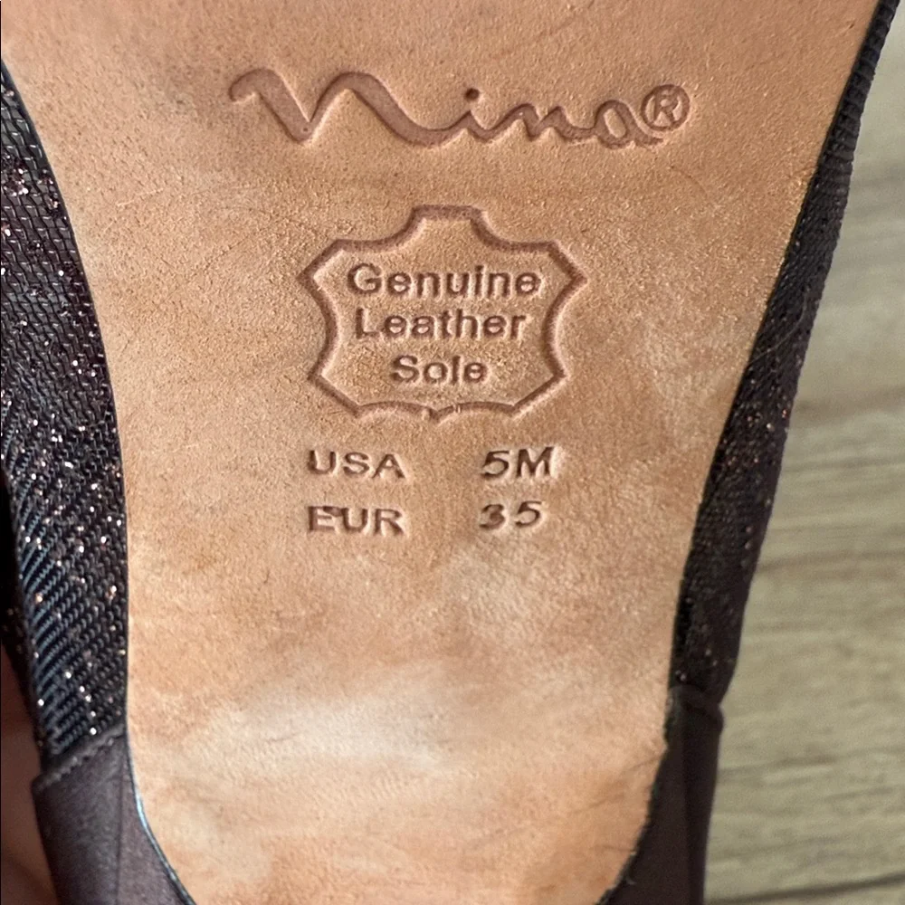 NINA Dark Brown Mesh Pointed 2.5” Heels w/tiny sequins, Size 5 - Picture 5 of 11